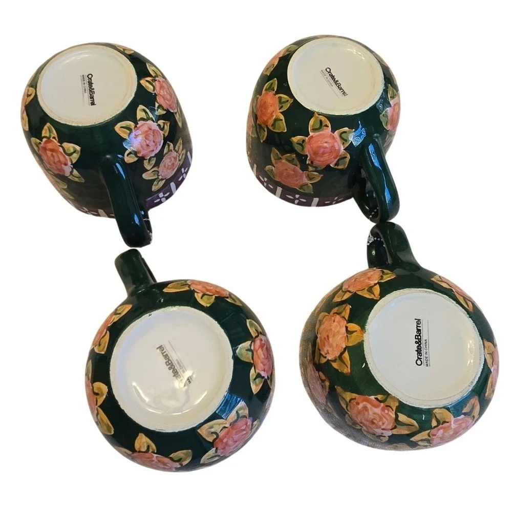 Crate‎ & Barrel Floral Soup Bowls Set 4 Green Cottagecore Stoneware